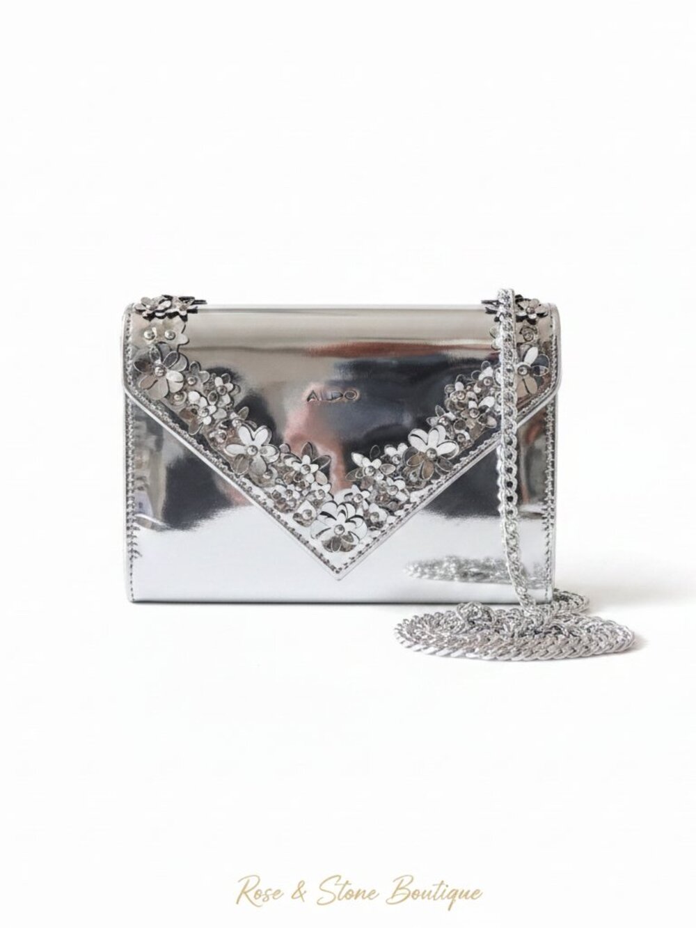 ALDO Silver Metallic Floral Clutch Crossbody Bag | Mirror Finish | 8x6"
